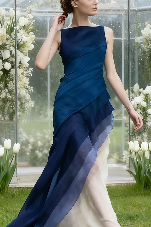 French Black High Waist Patchwork Tulle Maxi Dresses Sleeveless