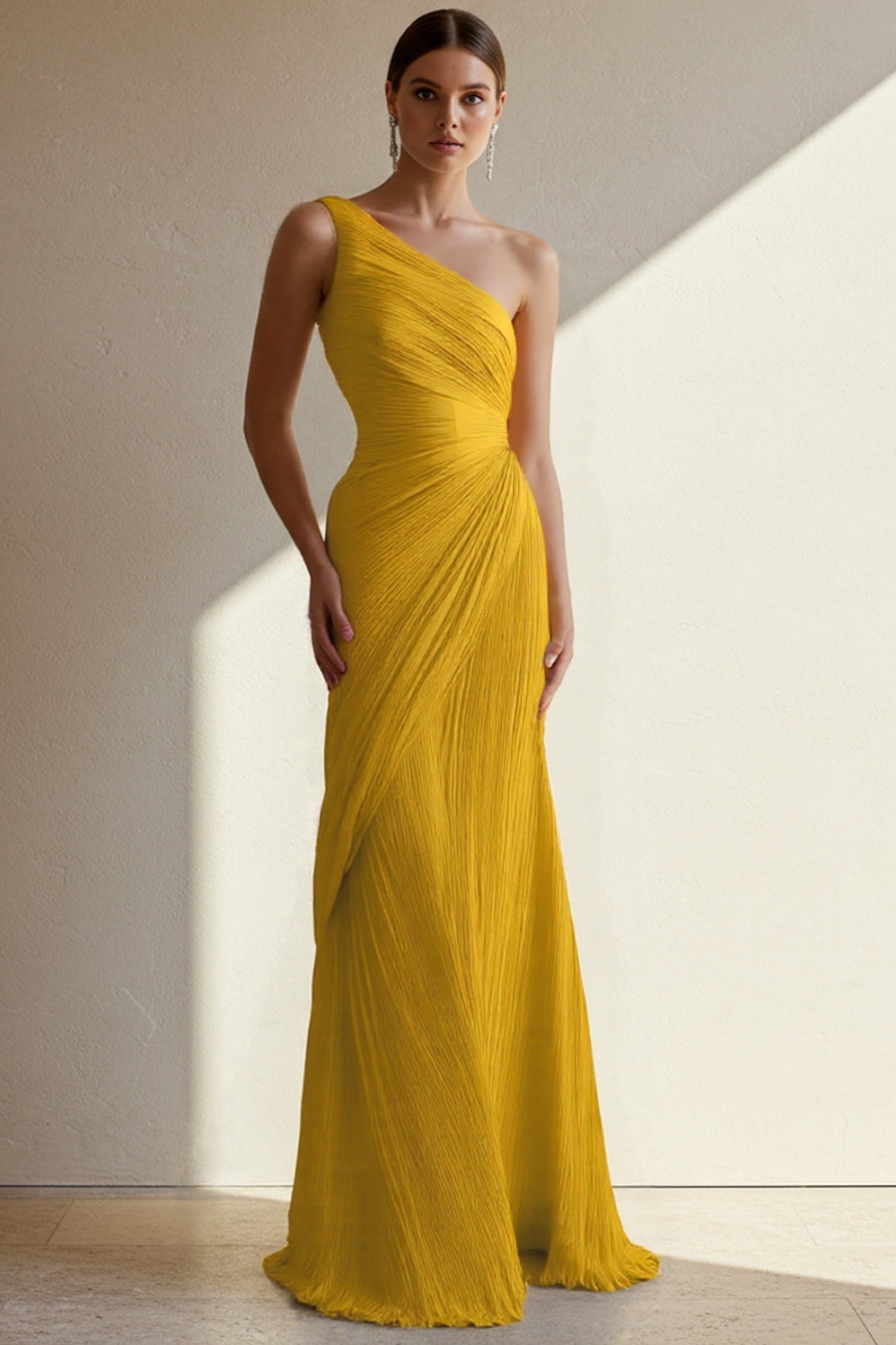 One Shoulder Pleated Maxi Dress Flowy Bodycon Gown Darted Waist Wedding Guest Dress