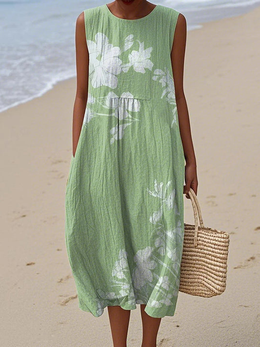 Vintage Loose Floral Art Linen Tank Dress