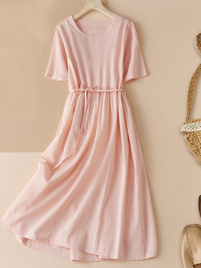 Cotton Linen Solid Color Round Neck Short Sleeve Dress