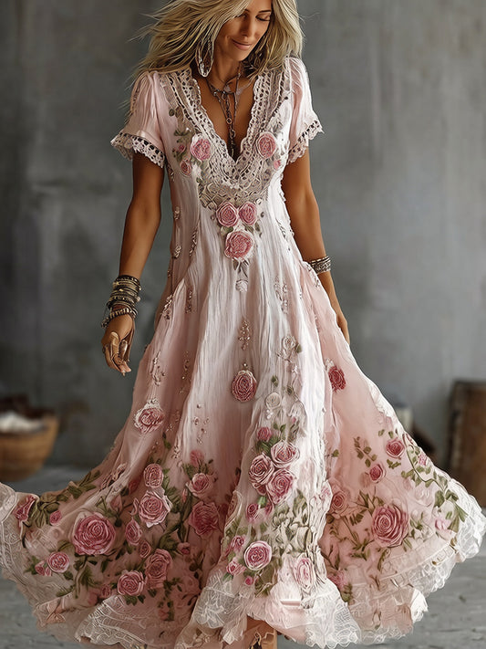 Women's Bohemia Pink Roses Embroidery Art V Neck Short Sleeve Maxi Dress