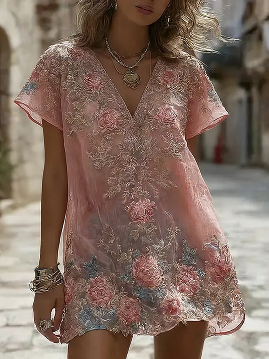 Women's Rose Floral Embroidered Casual V-neck Dress