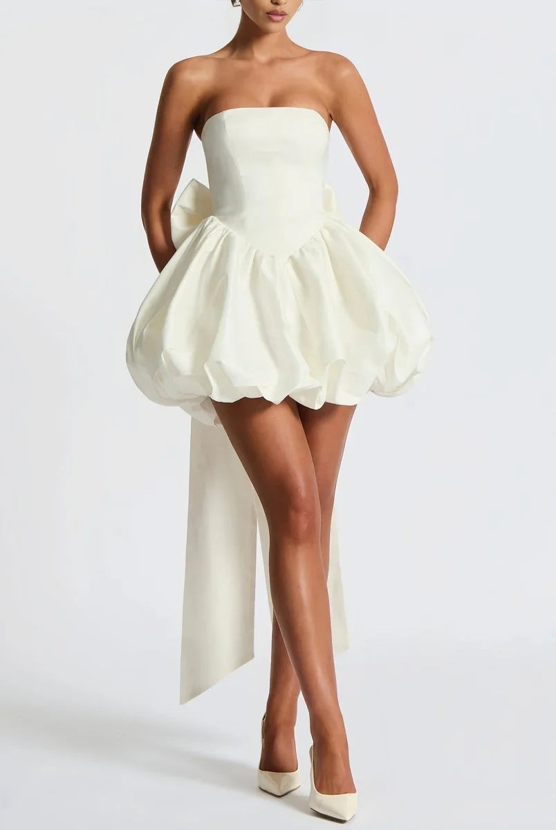 Bow-Back Bustier Bubble Mini Dress – Statement Volume, Sculpted Elegance