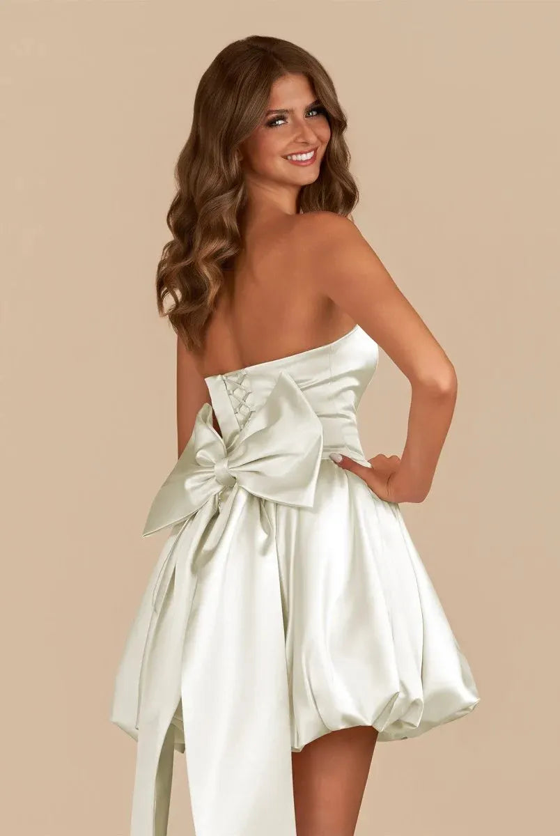 Bow-Back Bustier Bubble Mini Dress – Statement Volume, Sculpted Elegance