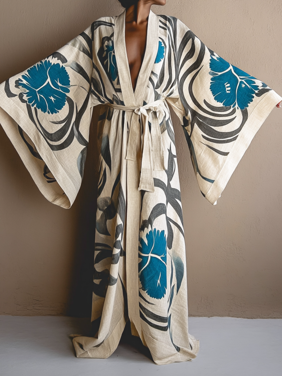 Women's Blue Floral Kimono Linen Robe (Including Belt)