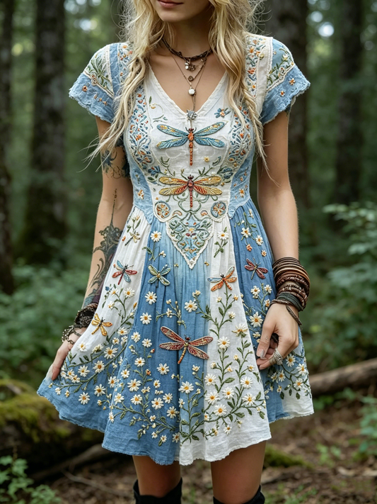 Women's Dragonfly & Floral Embroidered Boho Mini Dress