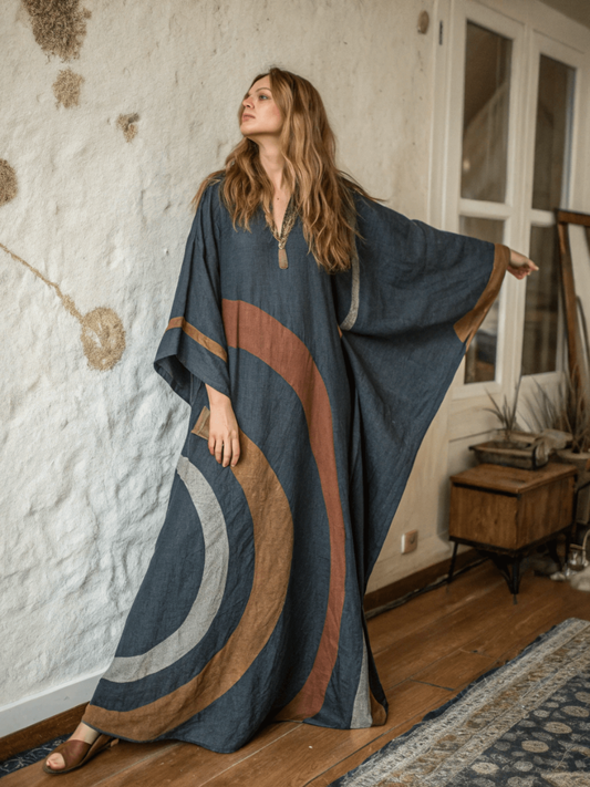 Linen Printed Kaftan Maxi Dress
