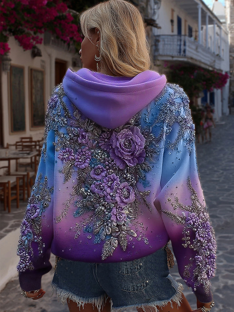 Women's Classic Rose Embroidery Art Comfy Hoodie