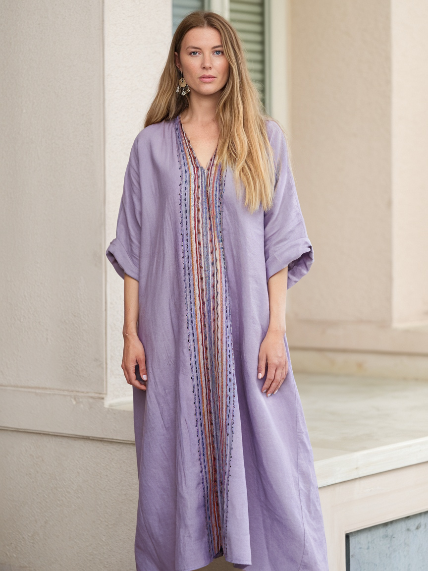 Contton & Linen Long Sleeve Kaftan Maxi Dress