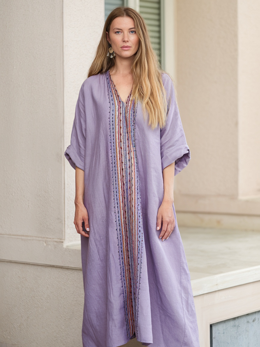 Contton & Linen Long Sleeve Kaftan Maxi Dress