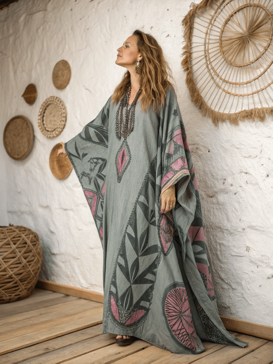 Linen Printed Kaftan Maxi Dress
