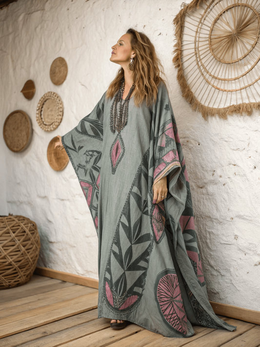 Linen Printed Kaftan Maxi Dress