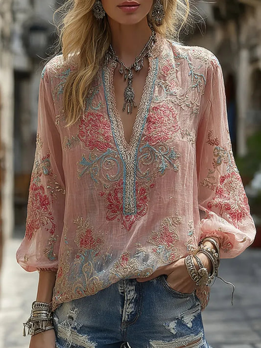 Vintage Floral Embroidered V Neck Casual Tops