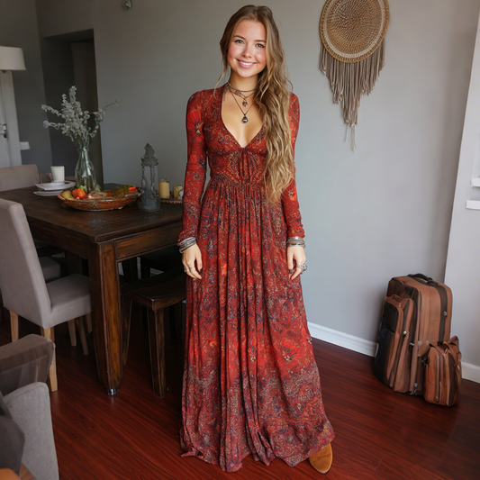 Red Paisley Print Plunging Long-Sleeve Maxi Dress