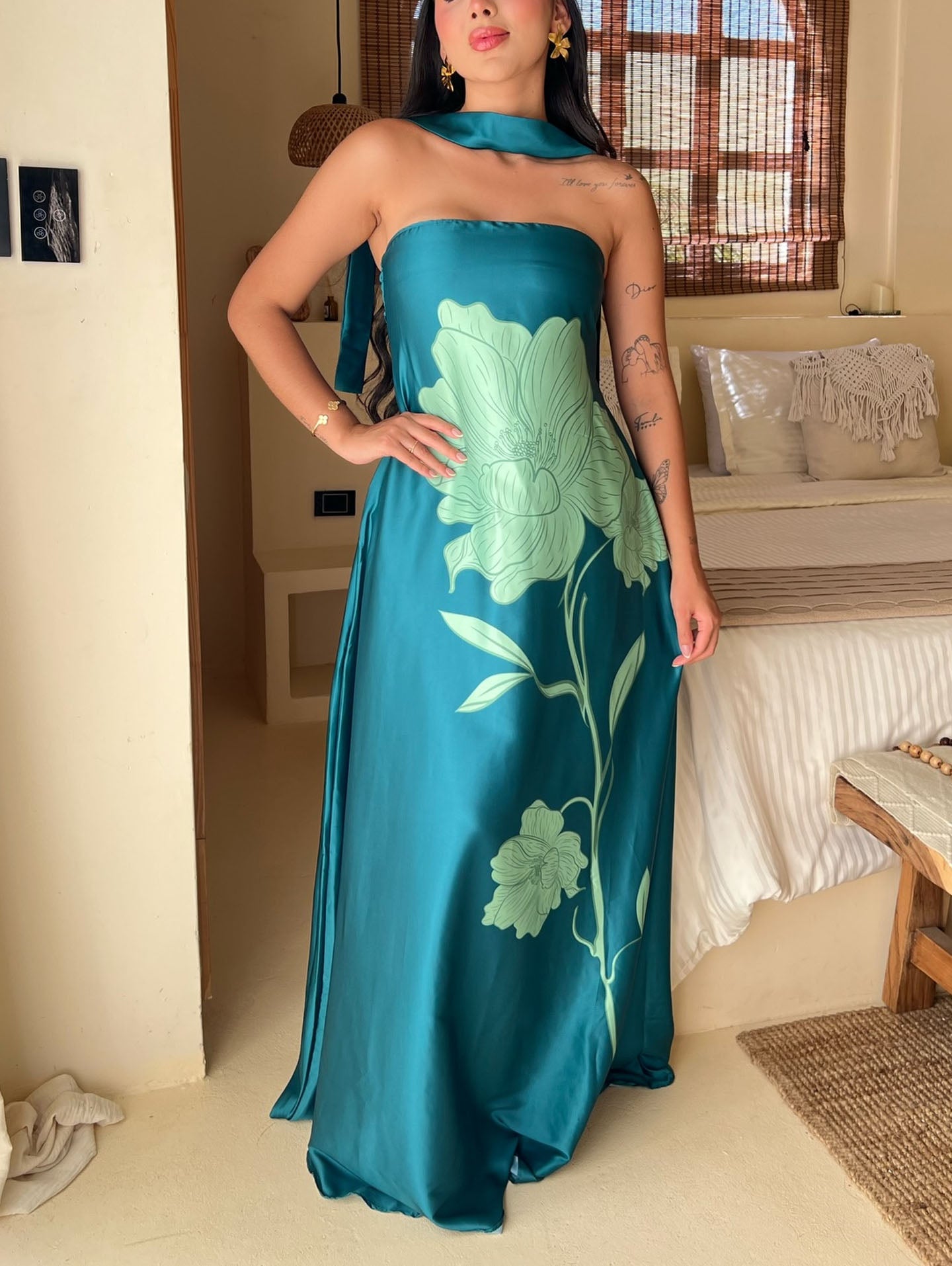 Teal Floral Satin Strapless Maxi Dress with Halter Tie