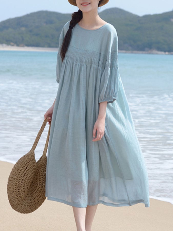 Women's Casual Solid Color Round Neck Shirring Dress