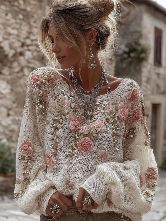 Women's Vintage Pink Flowers Art Cozy Knit Pullover Sweater