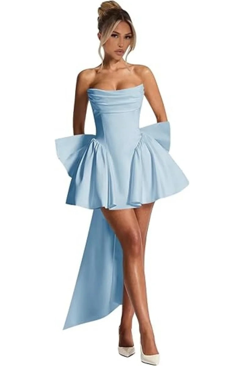 Strapless Satin Corset Homecoming Dress with Back Bow & Train