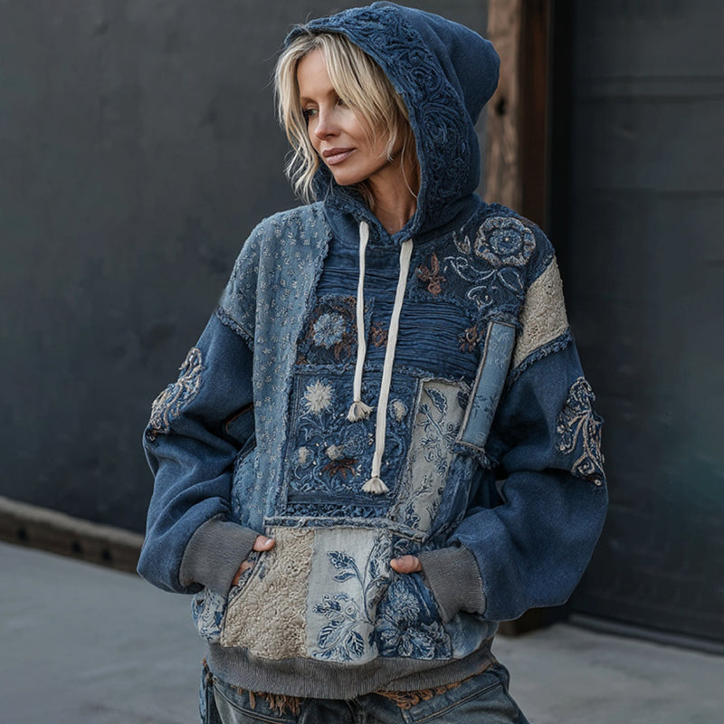 Vintage Boho Floral Embroidered Patchwork Hoodie