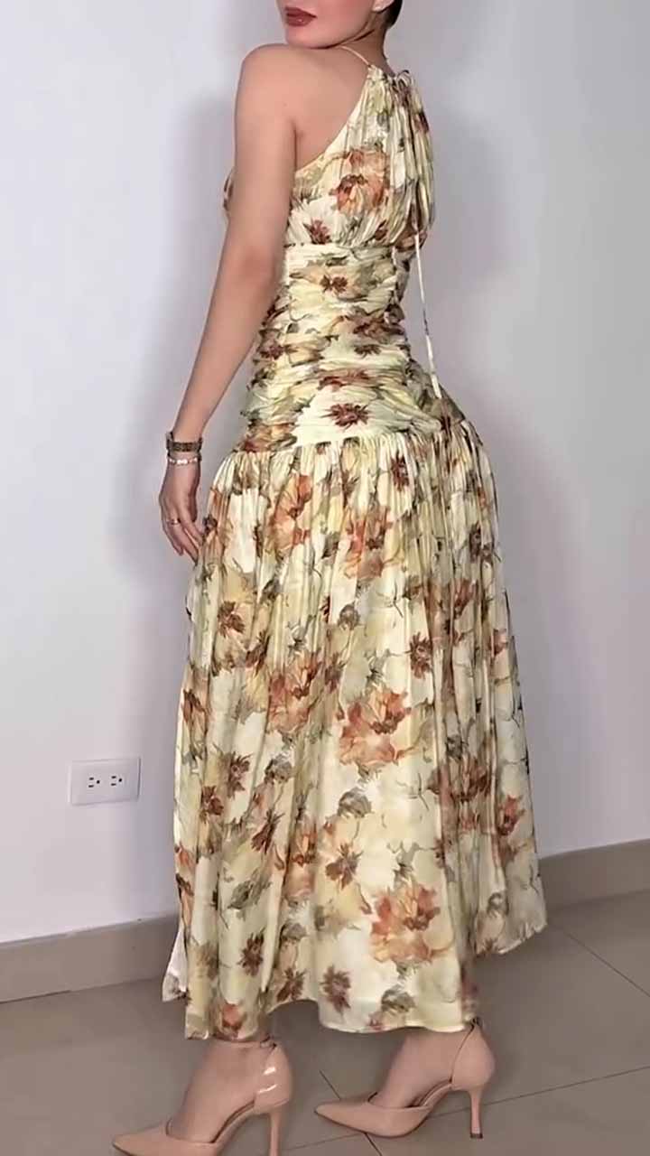 Summer Floral Print Ruched Halter Midi Dress