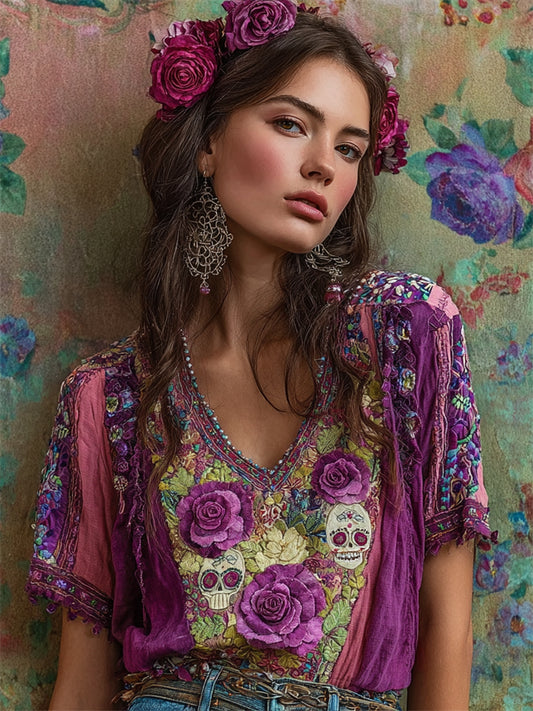 Mexican Sugar Skulls Ethnic Floral Embroidered Contrast Linen Tunic