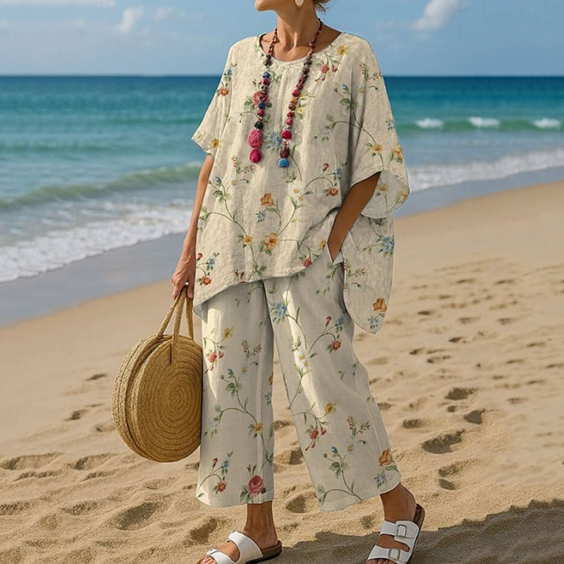 Women's Vintage Flower Print T-shirt And Pants Two Piece Set