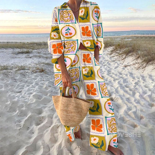 Women's Color Square Flower Printed Shirt & Pants Two-piece Set