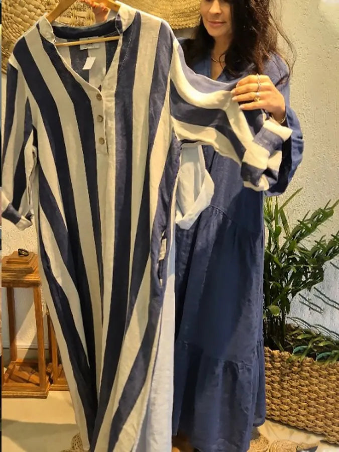 Women'S V-Neck  Striped Printed Cotton And Linen Dress