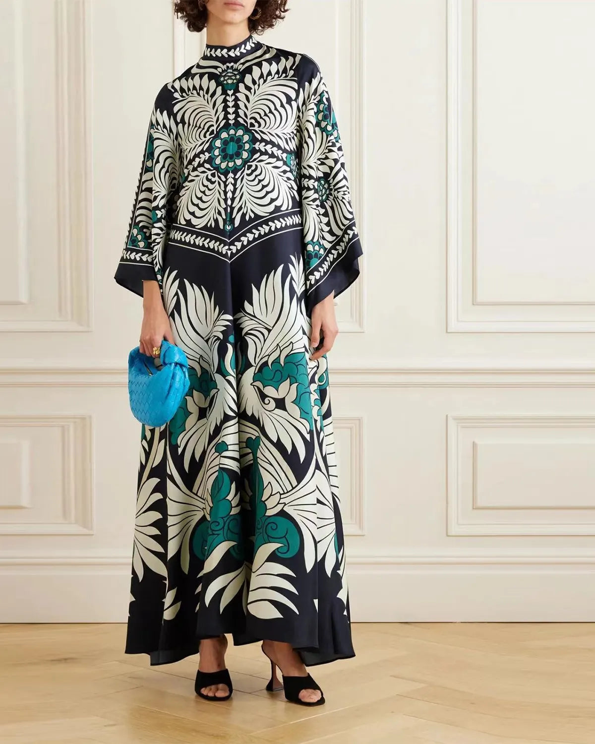 Casual Fashion Print Three-Quarter Sleeve Stand Collar Maxi Dress