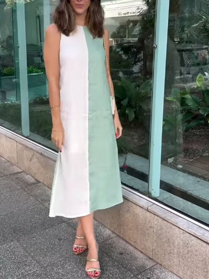 Women'S Casual Contrast Color Round Neck Sleeveless Cotton And Linen Dress