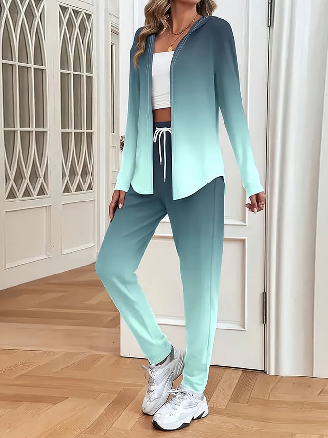 Women's Casual Gradient Pattern Printed Cardigan Pants Two-Piece Set