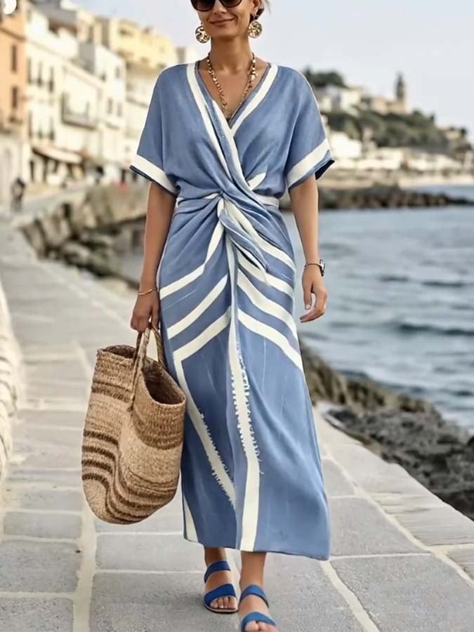 Women'S Twisted Pleated Striped Print Dress