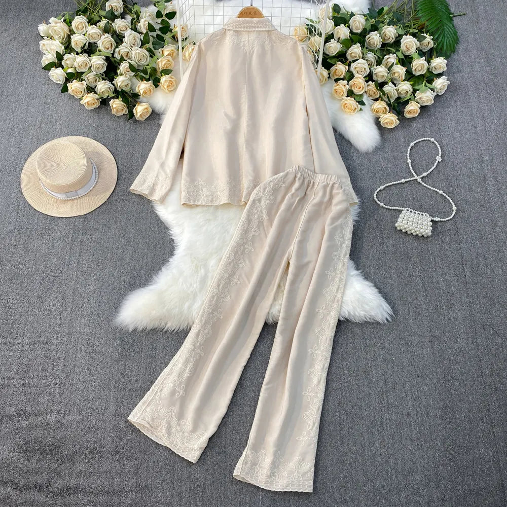 Heavy Embroidery Long Sleeve Shirt & Loose Casual Pants Two Piece Set