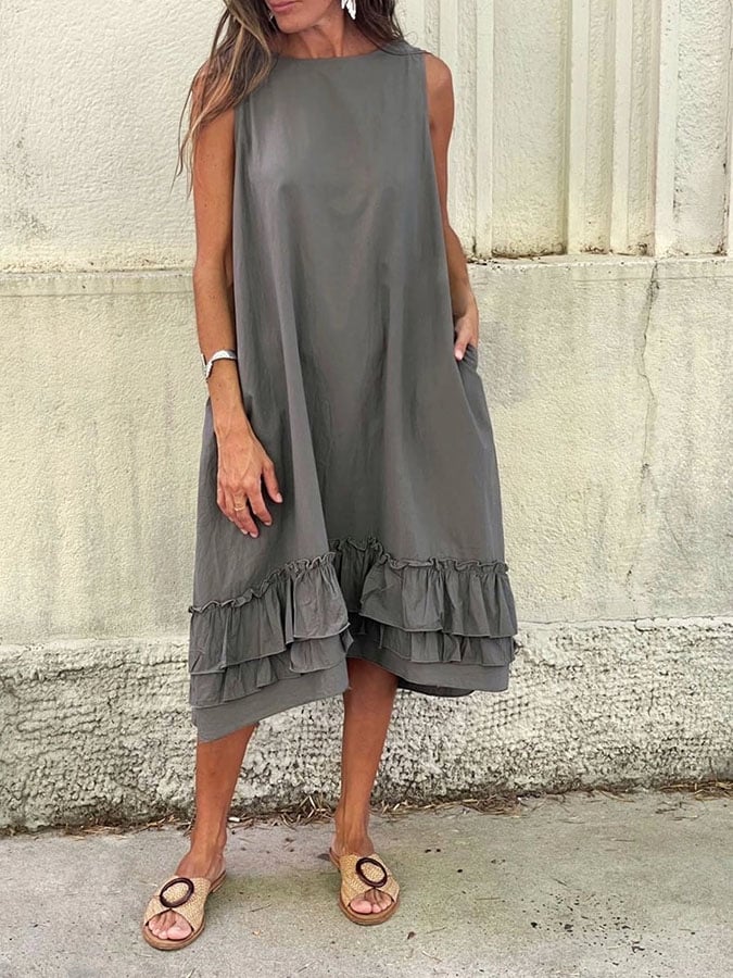 Women'S Casual Solid Color Stitching Ruffled Loose Dress