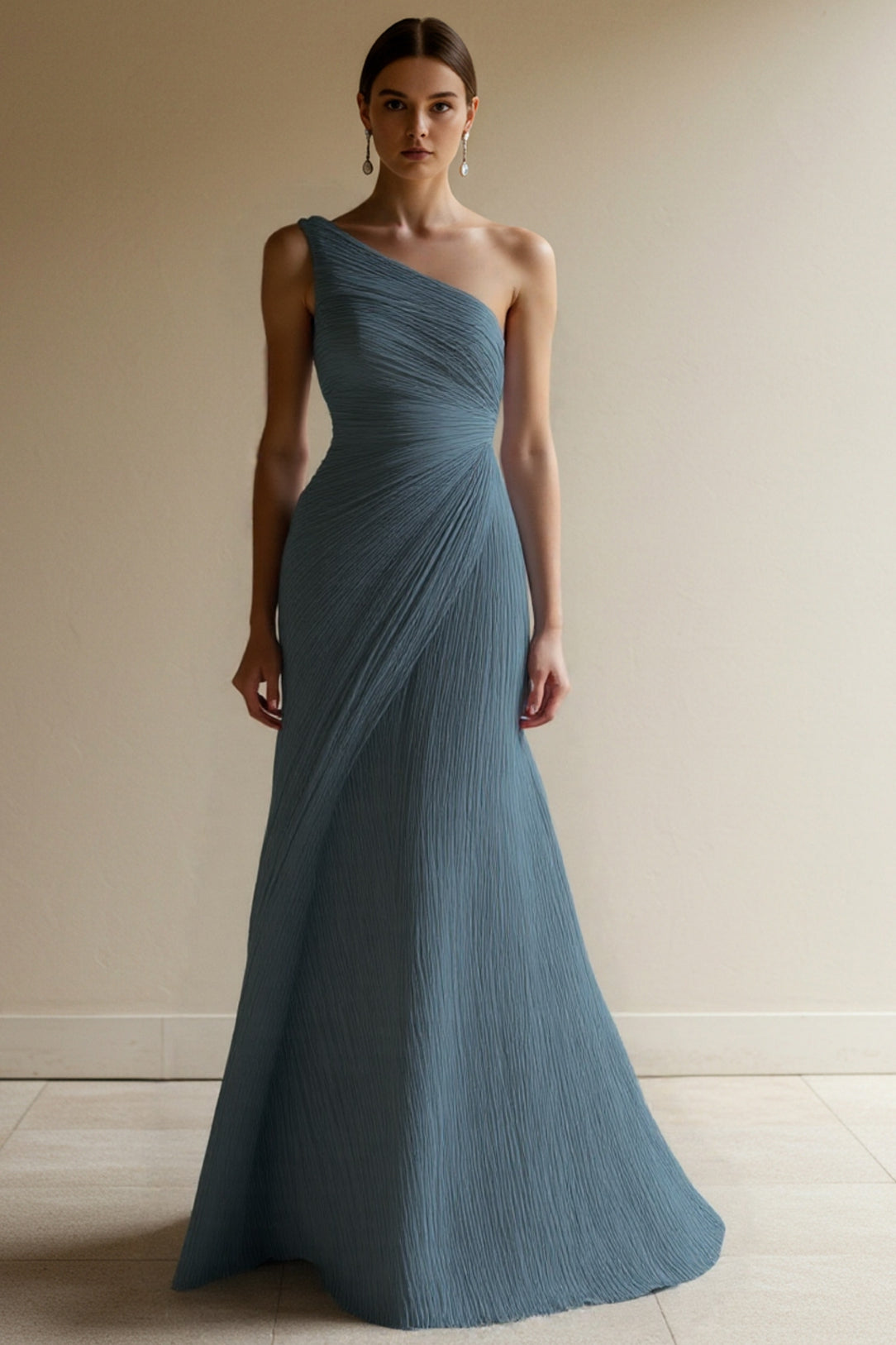 One Shoulder Pleated Maxi Dress Flowy Bodycon Gown Darted Waist Wedding Guest Dress
