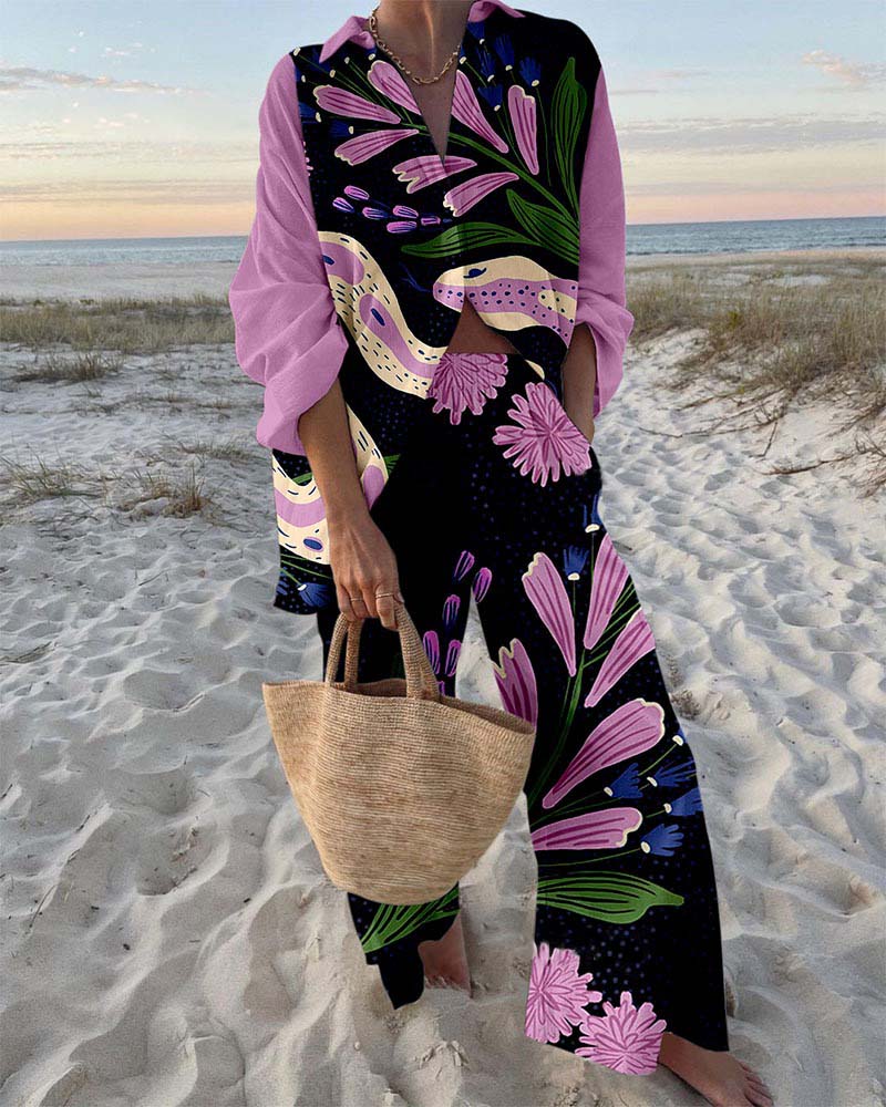 Purple Flower Snake Print Two-Piece Set