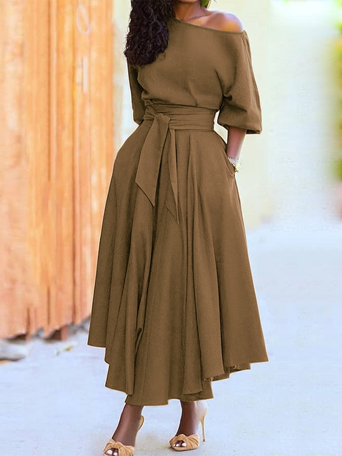 Slash Collar Tie Waist Pocket Dress