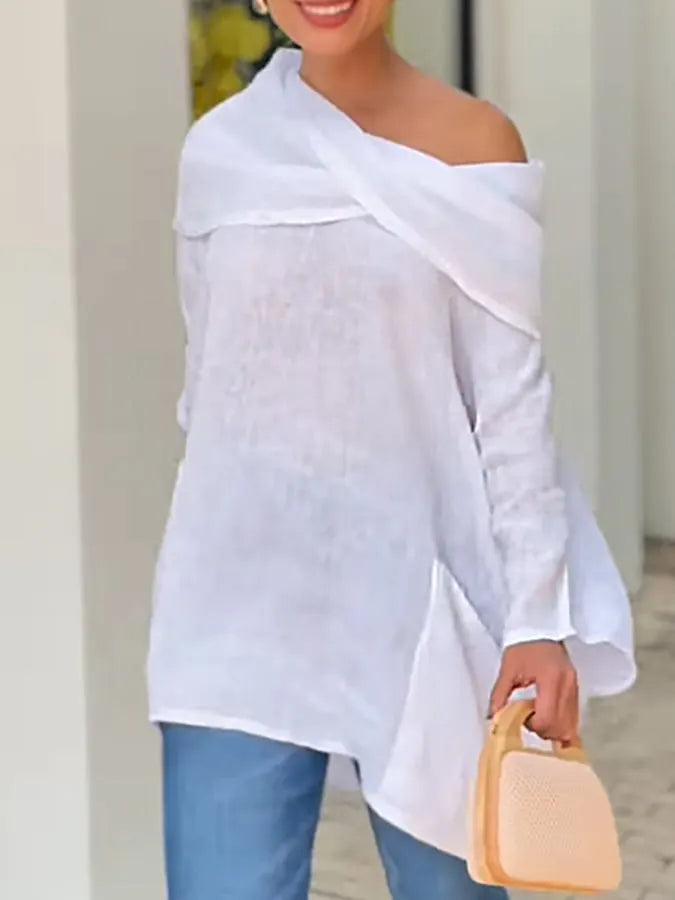 Women's Casual Solid Color Long Sleeve Cotton and Linen Top