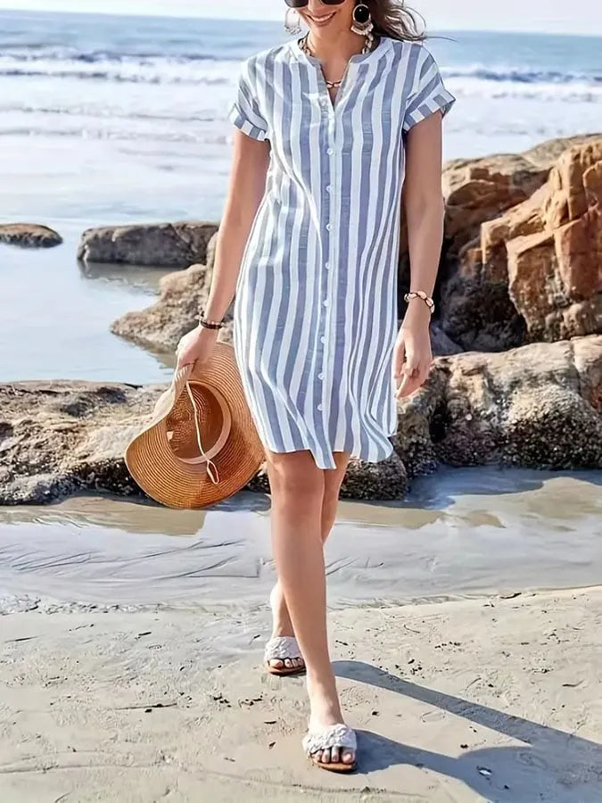 Women's Casual V-neck Short Sleeve Striped Print Contrast Color Cotton and Linen Dress