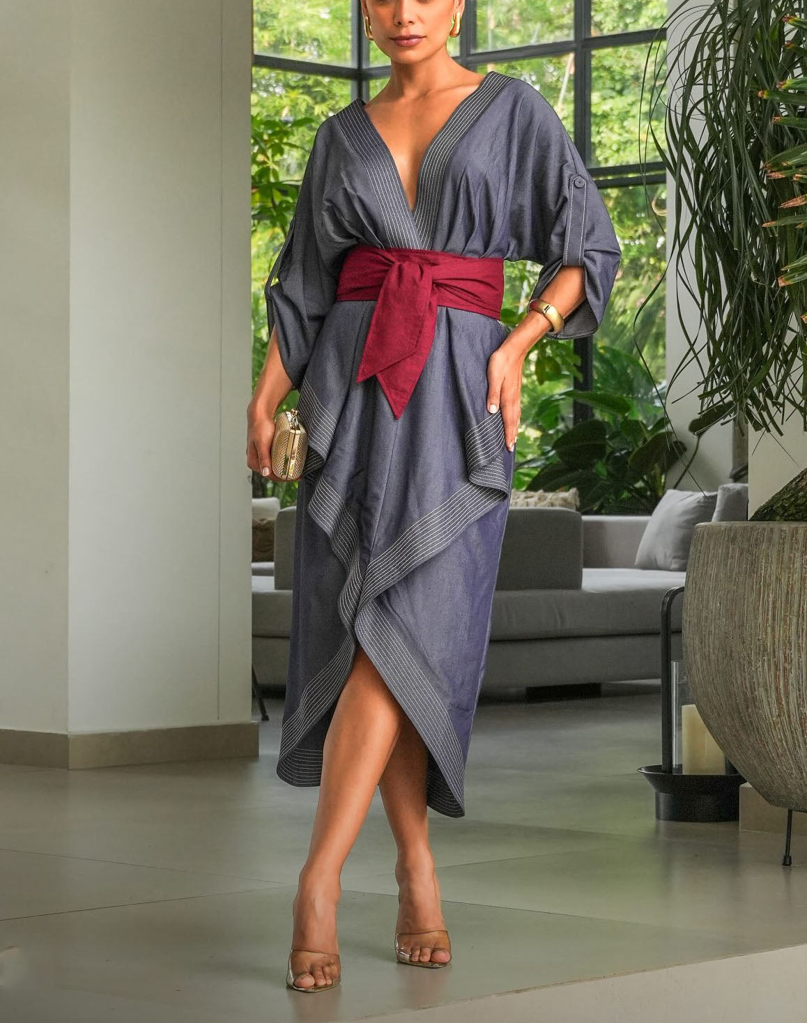 Casual Contrast Stitching Wrap Midi Dress