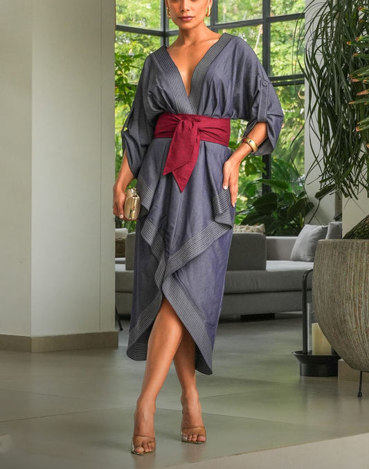 Casual Contrast Stitching Wrap Midi Dress