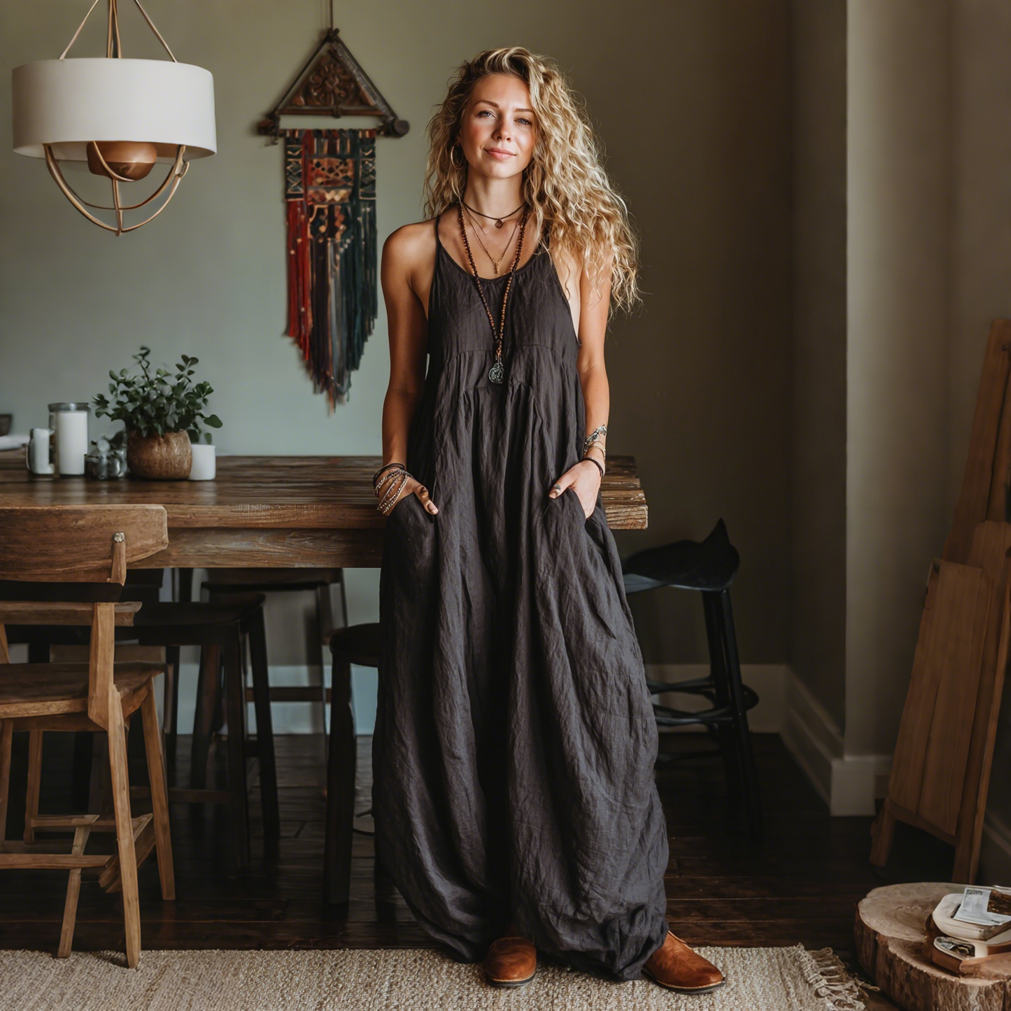 Retro Casual Loose Cotton And Linen Suspender Long Skirt Fashionable Large Silhouette Suspender Dress Home Comfortable L