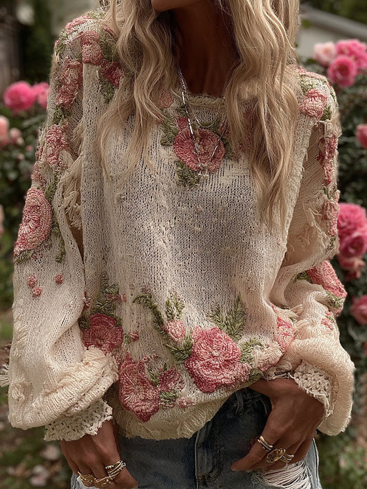 Women's Retro Rose Floral Art Cozy Crew Neck Sweater