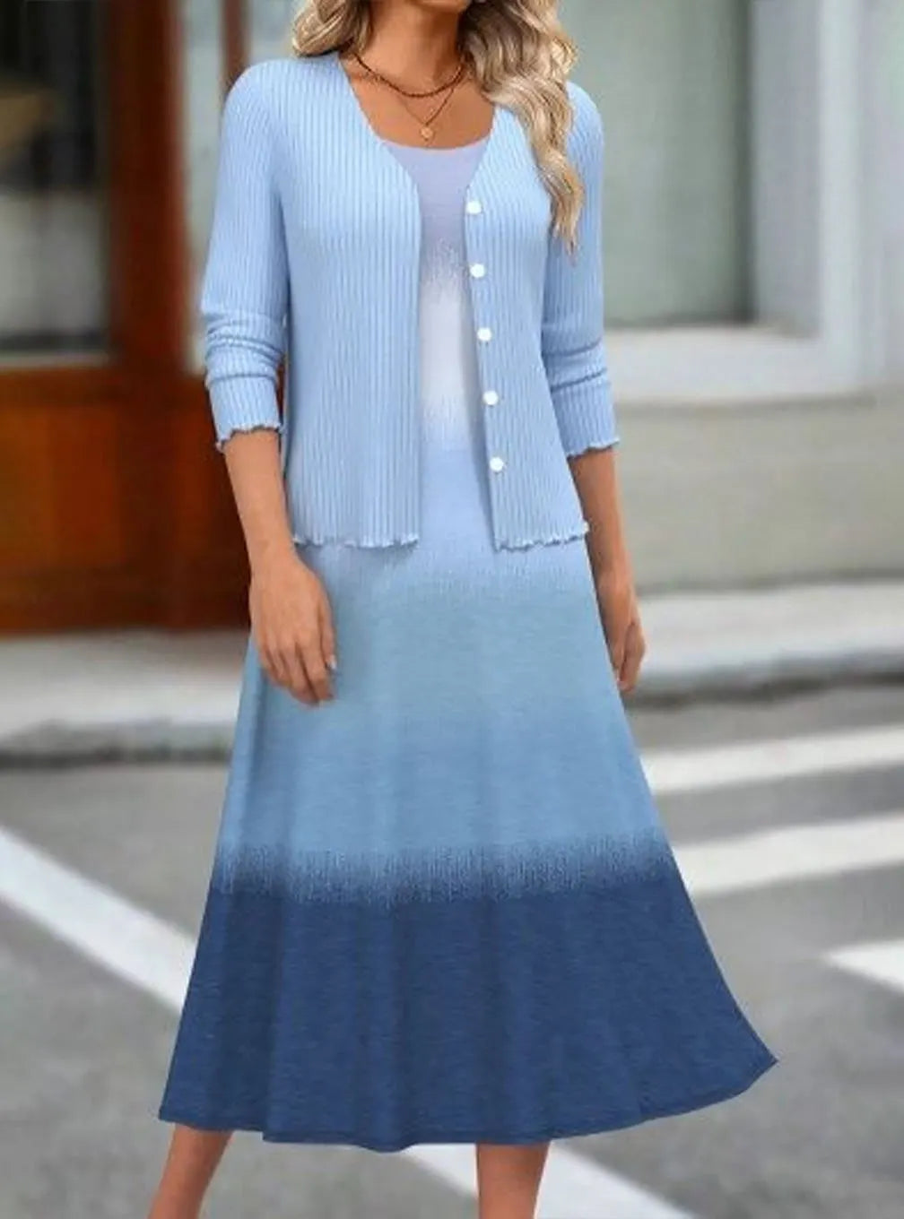 Women's Casual Round Neck Vest Gradient Dress Plus Cardigan Set