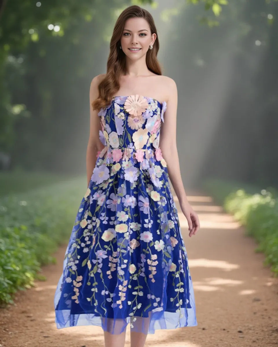 Embroidered 3D Applique Strapless Midi Dress