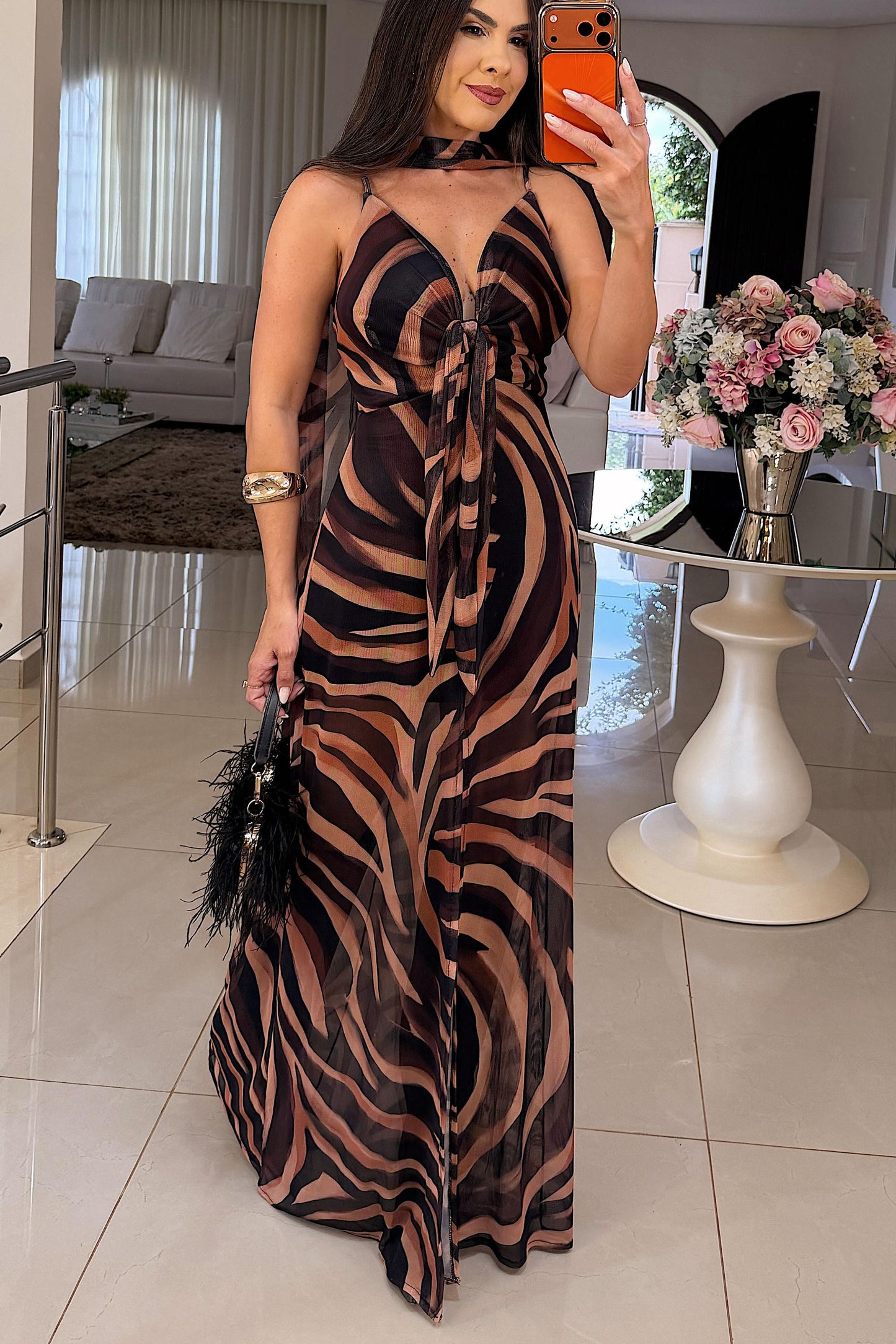 Sheer Chiffon V-Neck Tie-Front Evening Dress
