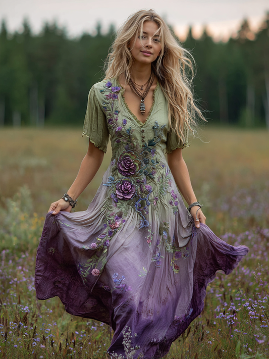 Women's Bohemian Floral Art Gradient Linen Maxi Dress