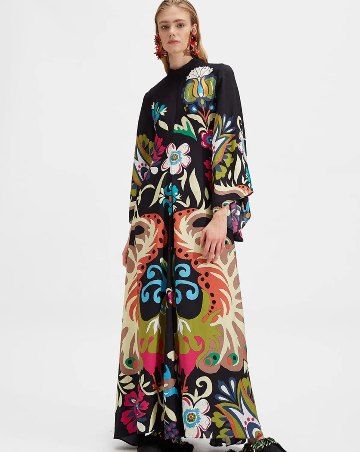 Casual Fashion Print Three-Quarter Sleeve Stand Collar Maxi Dress