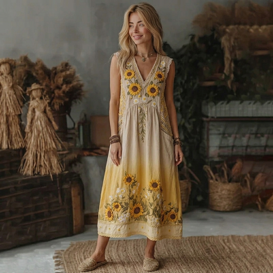🌻 Women's Sunflower Embroidered Ombre Boho Midi Dress