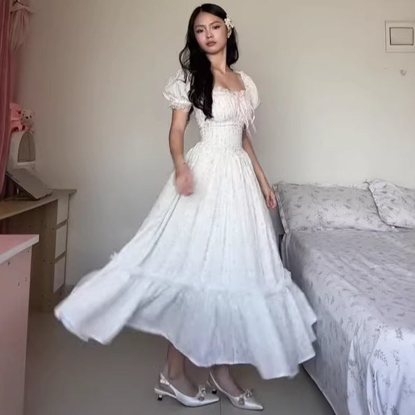 New Summer Slimming Fashion Tea Party Lace Square Neck Elegant Puff Sleeve Dress for Women